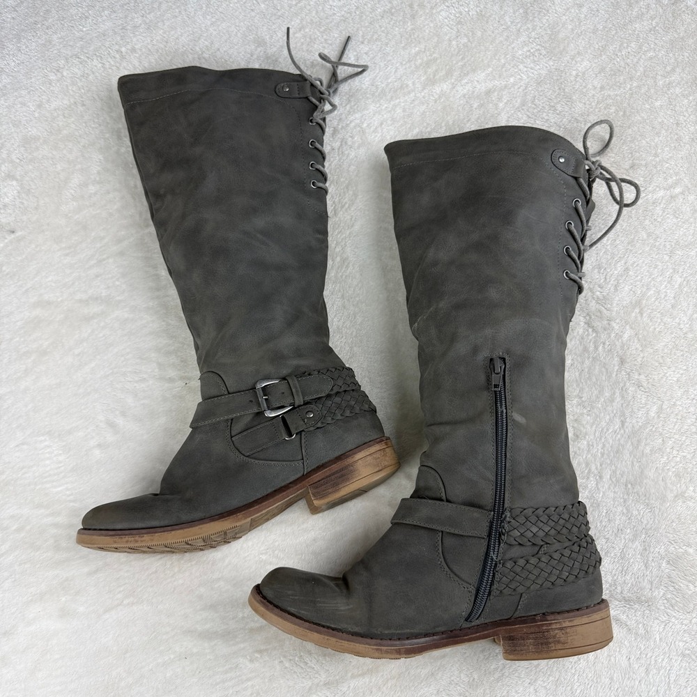 XOXO Middleton Tall Riding Boot Womens 7.5 Gray Corset Lace Up Zip Boho Western‎